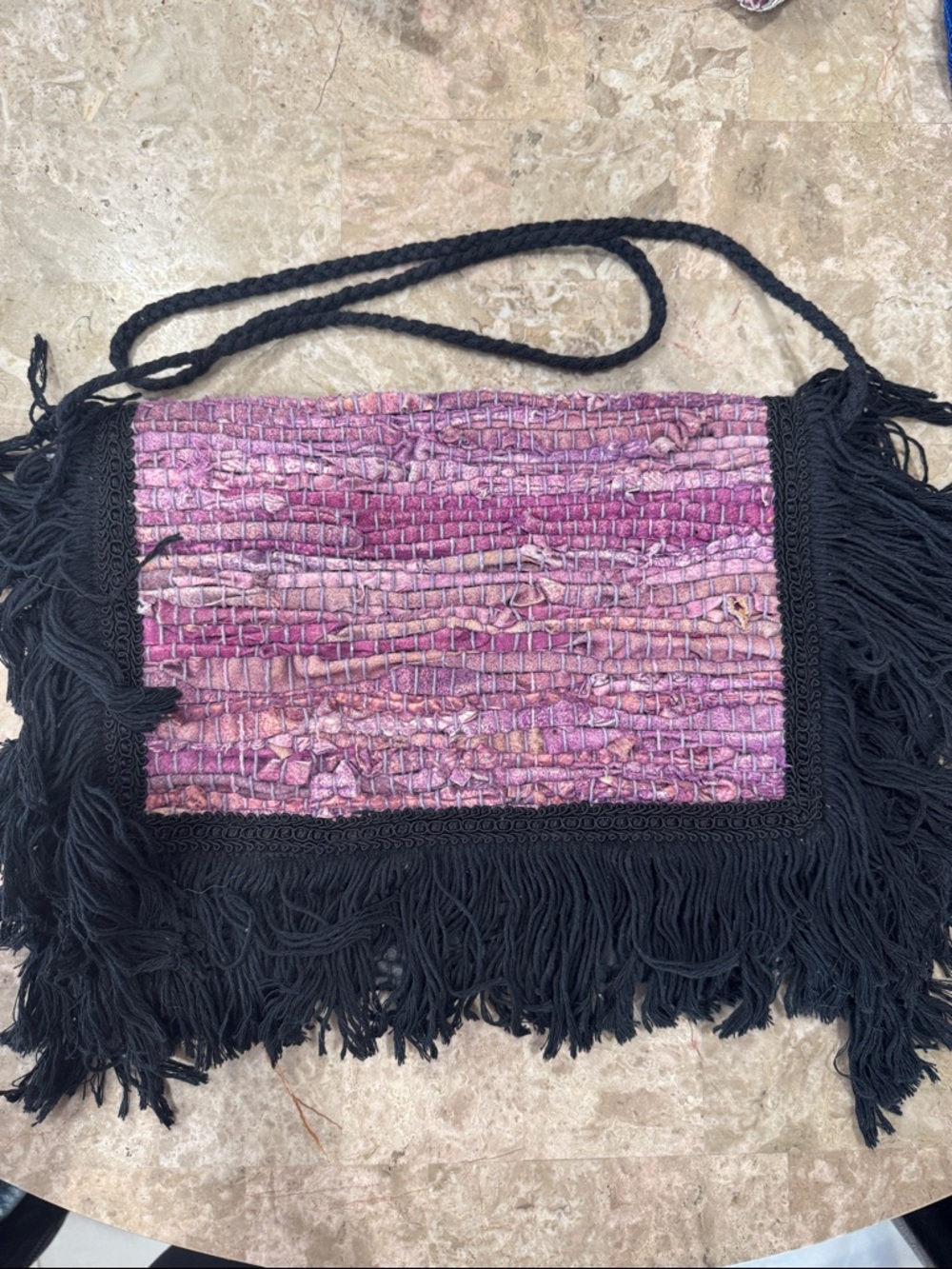 Boho Fringe Crossbody Bag in Pink and Black - Handmade in Greece